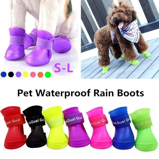 Pet Dog Rain Shoes, Anti slip and Waterproof Cat Shoes, Rubber Boots, Outdoor Footwear and Socks 4Pc/Set